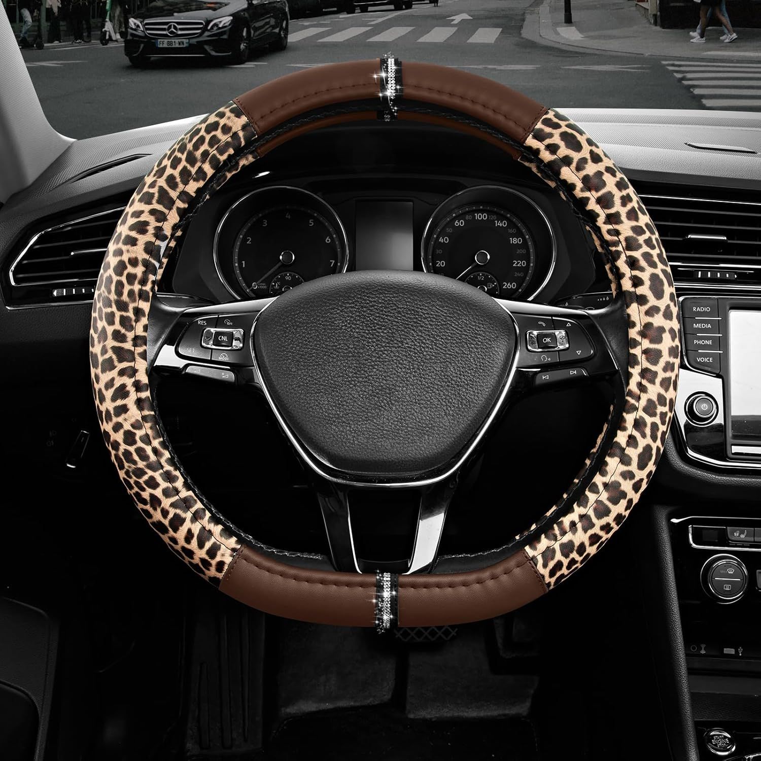 Leopard Steering Wheel Cover for Women, Cute Anti-Slip Microfiber Leather, Fits D Shape Flat Bottom Steering Wheel 14.5-15 Inch - Brown