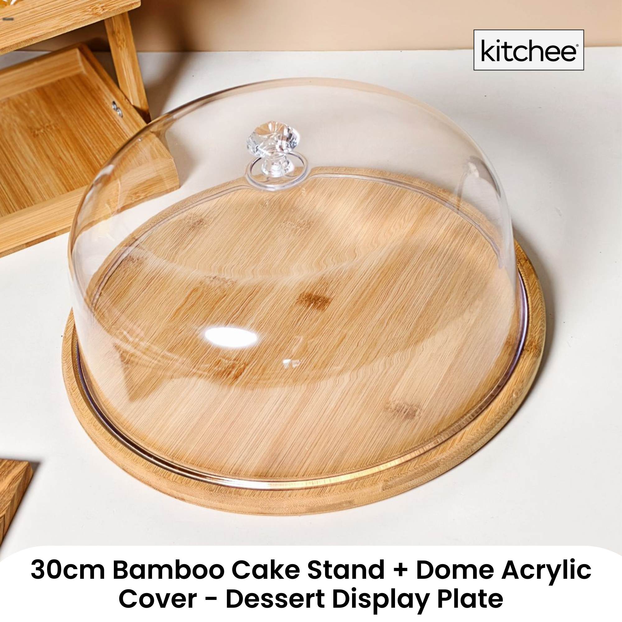 Kitchee 30cm Bamboo Cake Stand + Dome Acrylic Cover - Dessert Display Plate — image 2
