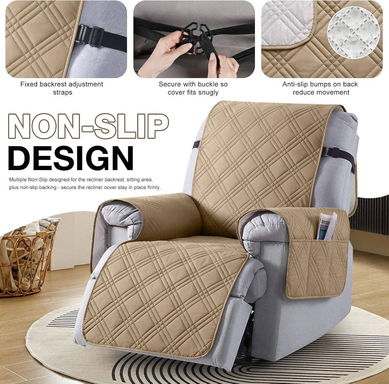 100% Waterproof Triple-Line Quilted Single Armchair Cushion, Non-Slip, Scratch-Resistant, Adjustable - Brown-XL — image 3