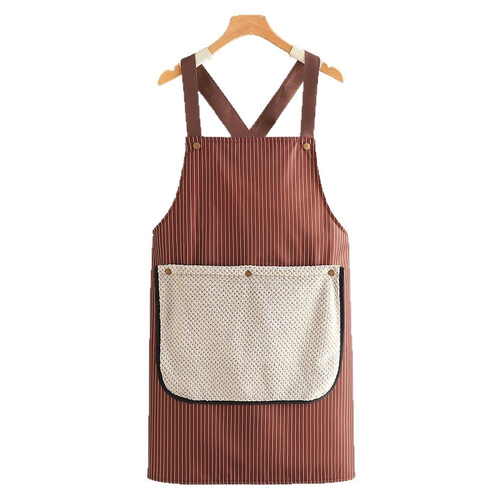 Apron for Women with Pocket, Cross Back No Tie Pinafore No Tie for Kitchen Garden Cooking with Hand Wipe (brown)