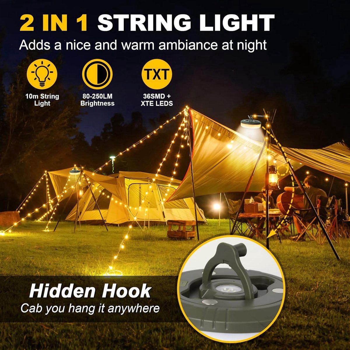Camping Light String 10 Meters - Ambience Strip - IPX4 Waterproof - Retractable - Rechargeable - Warm White | Outdoor Lighting Garland - Camp Lamp - Camping — image 5