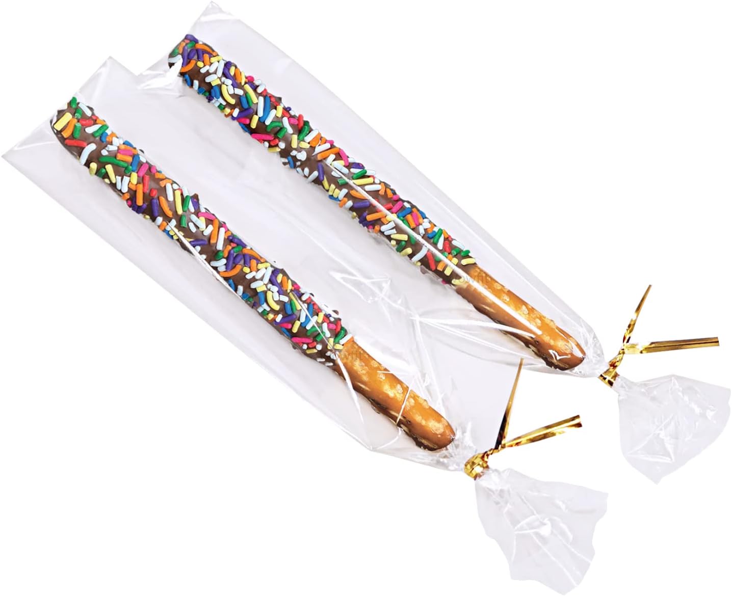 100 CT 2x10 Inch Clear Flat Cellophane Treat Bags with 4” Gold Twist Ties, Cello Packaging for Pretzel Rods, Cookies, Candies and Jewelry Wrappers