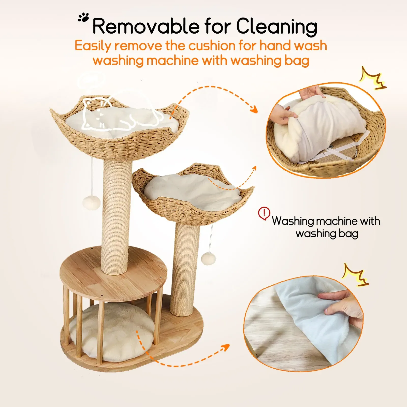 Large Cat Scratching Post Tree Tower with Baskets and Cubby Cave in Natural Wood & White, 60x40x99cm โ image 3