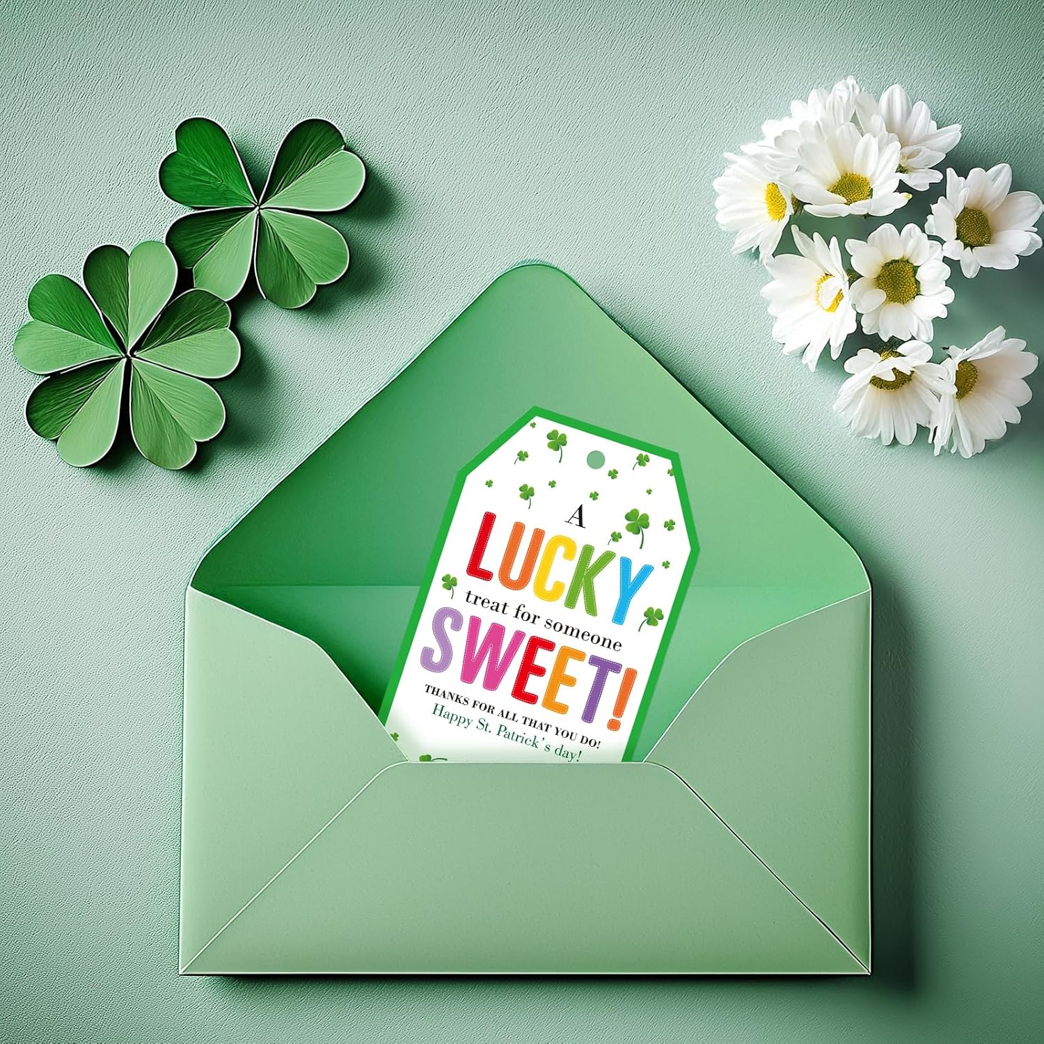 St. Patrick's Day Tags - 50Pcs Happy St. Patrick's Day Gift Tags with String Irish Shamrock Lucky Clover Hang Paper Tag Thanks for All You Do Tag A Lucky Treat — image 6
