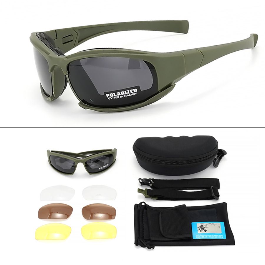 Dark Green Tactical Protection Goggles with Storage Box and Elastic Straps (Polarized 4-Lens Set) - Windproof, Dustproof, UV Protection for Cycling, Tactical