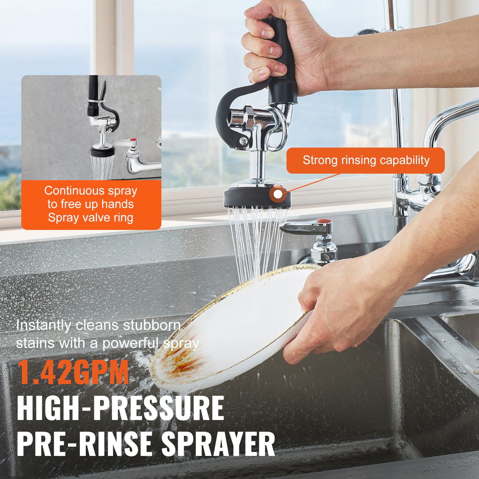 Commercial Faucet with Pre-Rinse Sprayer, 21" Height, 8" Center, 12" Swing Spout, Wall Mount Kitchen Sink Faucet, Brass Constructed Device with Pull Down โ image 4