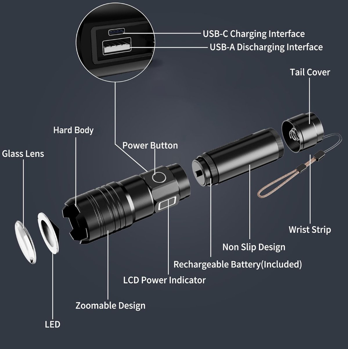 Rechargeable 50,000 lumen flashlight, long range, ultra-bright USB-C LED, long battery life, 5 modes, powerful zoomable flashlights, for emergencies, hiking — image 3