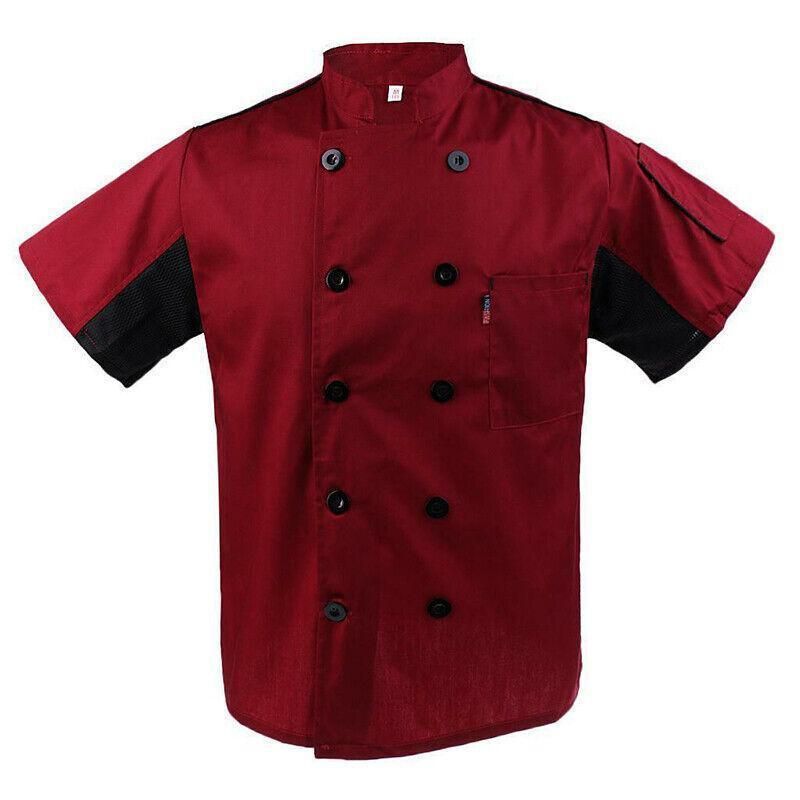 Red Unisex Mesh Sleeve Chef Coat Jacket Restaurant Hotel Cook Short Uniform - 2XL