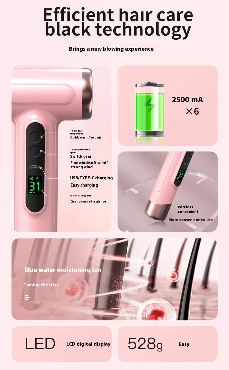 Pink wireless Hair Dryer with Cold & Hot Air, Portable Large-Capacity Rechargeable Ionic Dryer, Fast-Drying, Lightweight and Compact for Home and Travel โ image 5
