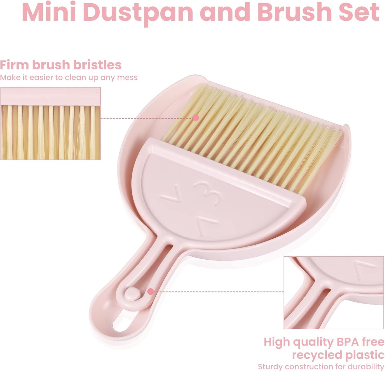 Mini dustpan and brush - pink set of brush and dustpan - portable combination of cleaning brush and dustpan - flexible edge - perfect for removing dust, dirt — image 4