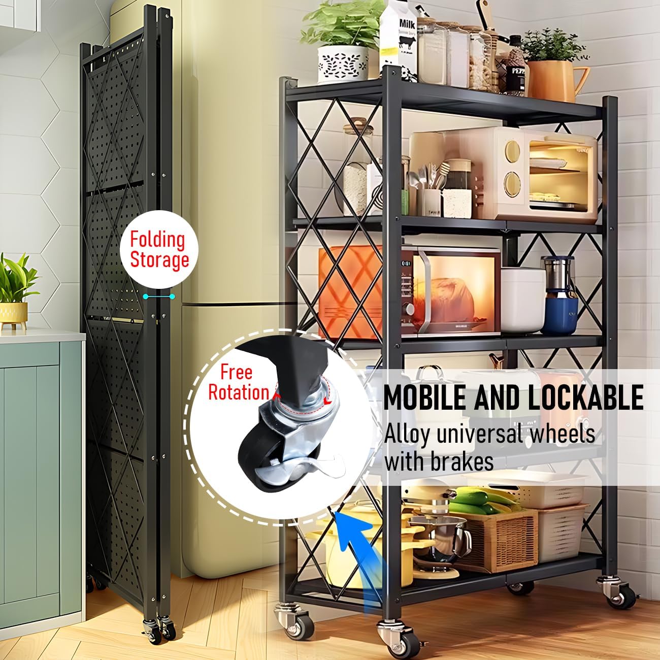 CARLA HOME 5-Tier Foldable Storage Shelf with Wheels for Kitchen, Garage, Pantry or Basement (Black) — image 6
