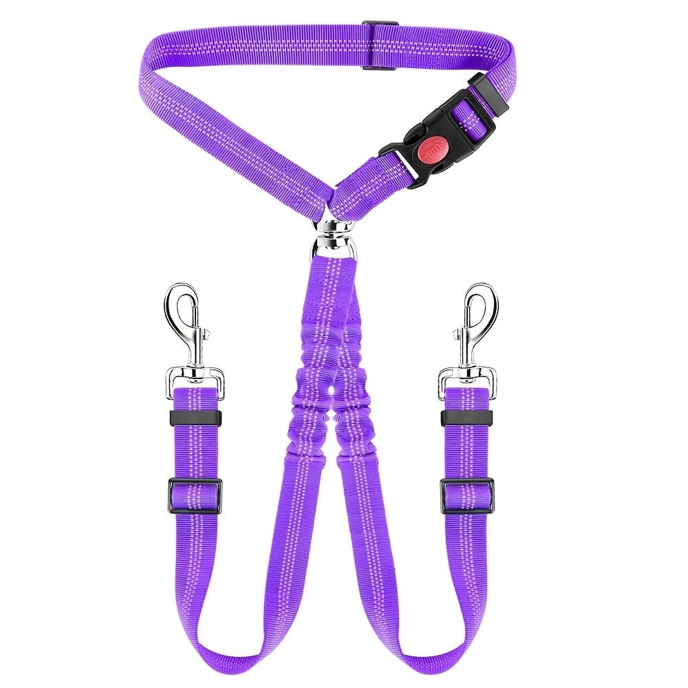 Dual-Head Pet Car Seat Belt with 360° Swivel Tangle-Free Leash for Two Dogs - Adjustable Safety Restraint for Car Travel and Outdoor Walking, Reflective Nylon