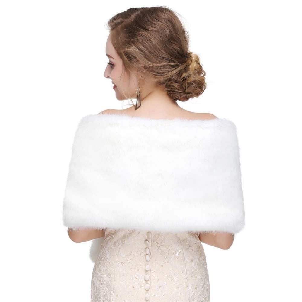 White Faux Fur Scarf Shawl for Women, Warm Large Long, with Faux Fur Trim, for Party Wedding Evening Dress Winter — image 5