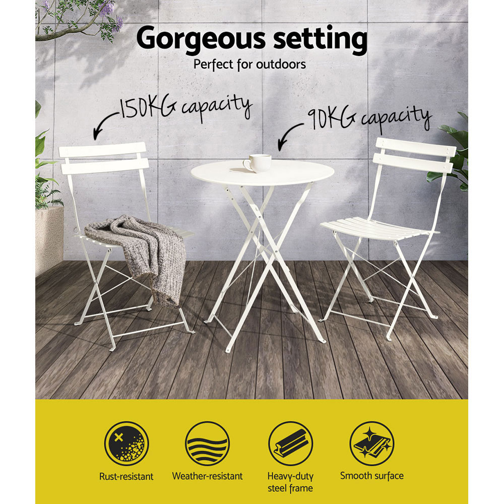 Gardeon 3PC Outdoor Bistro Set Steel Table and Chairs Patio Furniture White โ image 4