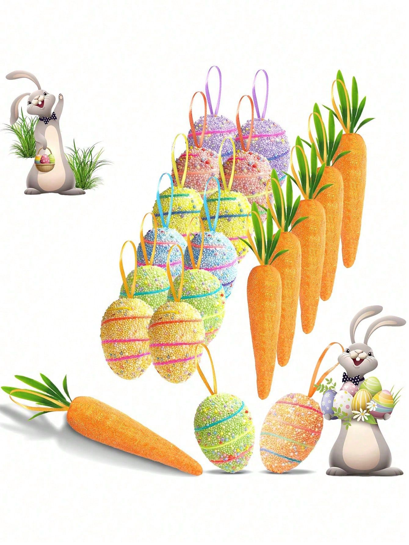 12Pcs Easter Egg+6Pcs Carrot Hanging Ornaments β Colorful Foam Glitter Eggs & Carrots, Easter Tree Decorations, DIY Crafts for Home Party, Spring Easter Decor