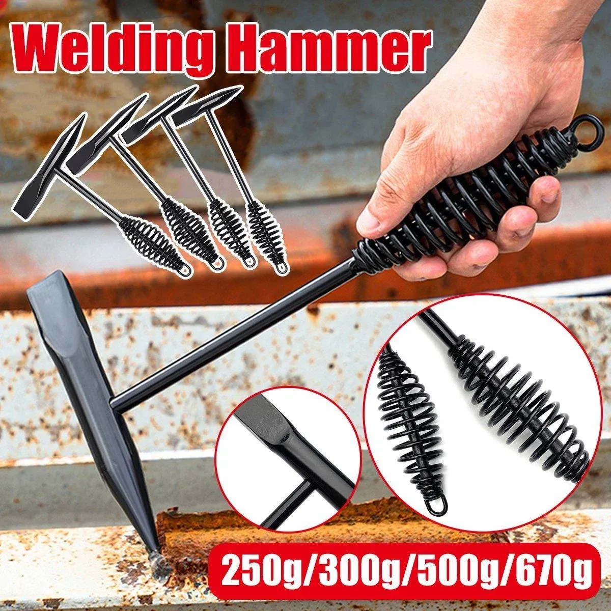 Welding Chipping Hammer Spring Handle Hold Heart Cleaning Harden DIY Metal Black - 670g โ image 2
