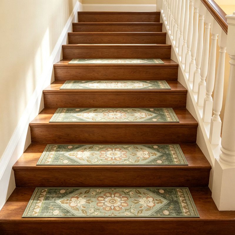 4 Pcs Green Vintage Floral Non Slip Stair Treads, Adhesive Carpet Runners for Wooden Steps Pets and Seniors, 8 × 30 in — image 2