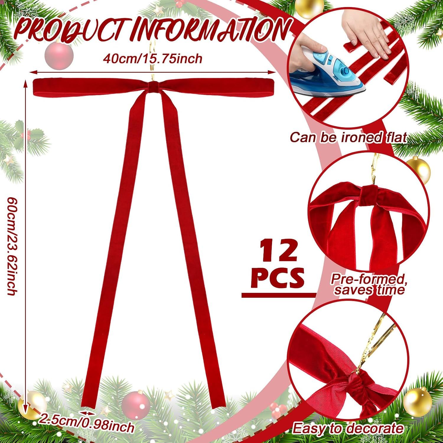 12 Pcs Red Velvet Ribbon Bows Christmas Tree Decorations 23.5x15.5 Inch Rustic Neutral Large Velvet Christmas Swag Ornaments Staircase Wreath Bows Vintage Tree โ image 2
