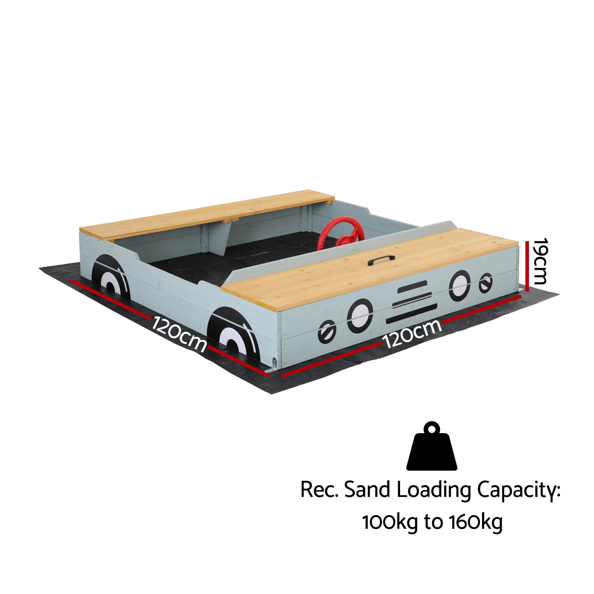 Keezi Wooden Car Sandpit Kids Sandbox Outdoor Play Toy w/ Storage Ground Sheet 120cm — image 2