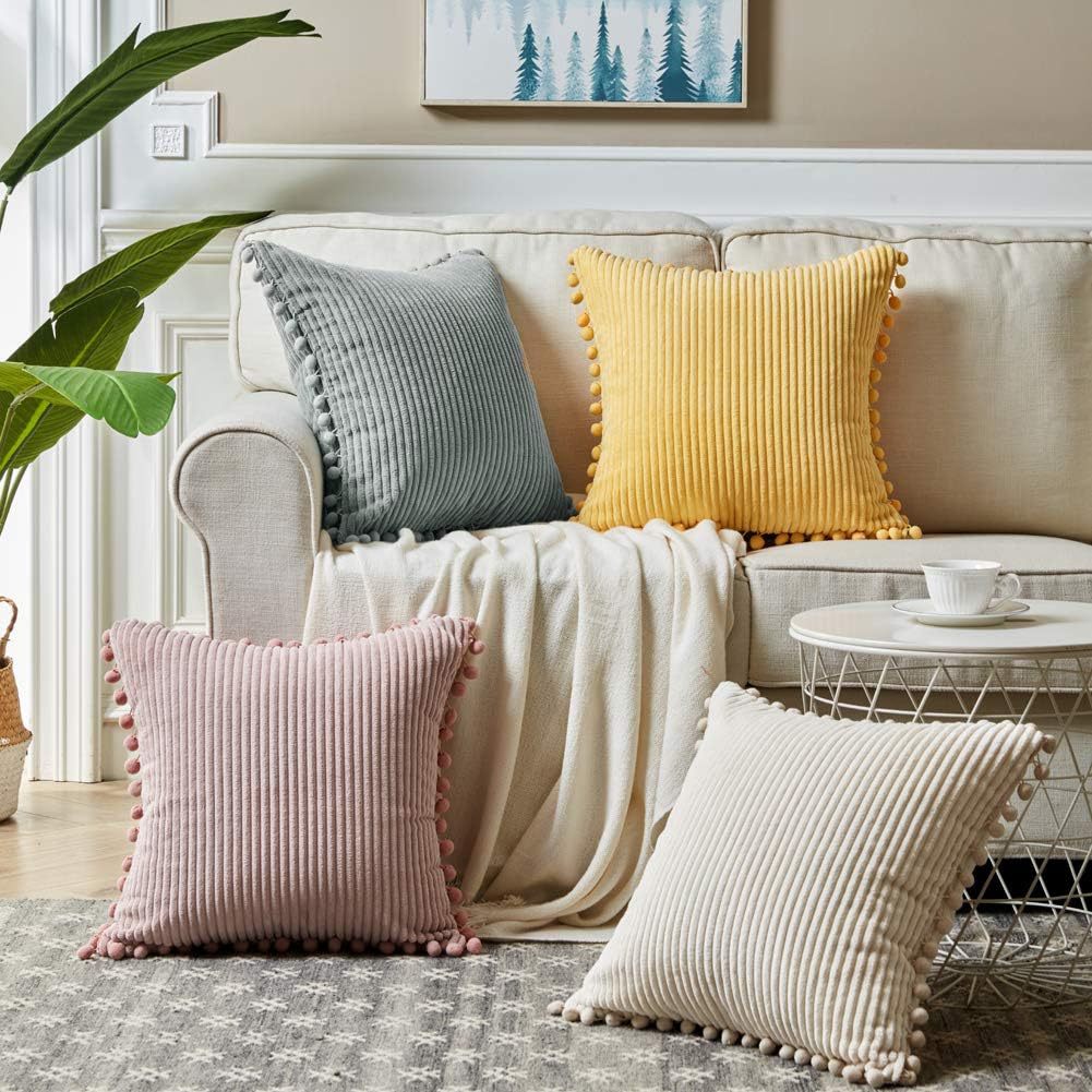Light Green Soft Corduroy Cushion Cover Set (1 Square + 1 Rectangular) with Pom Trim - Decorative Throw Pillow Cases for Sofa Couch — image 2