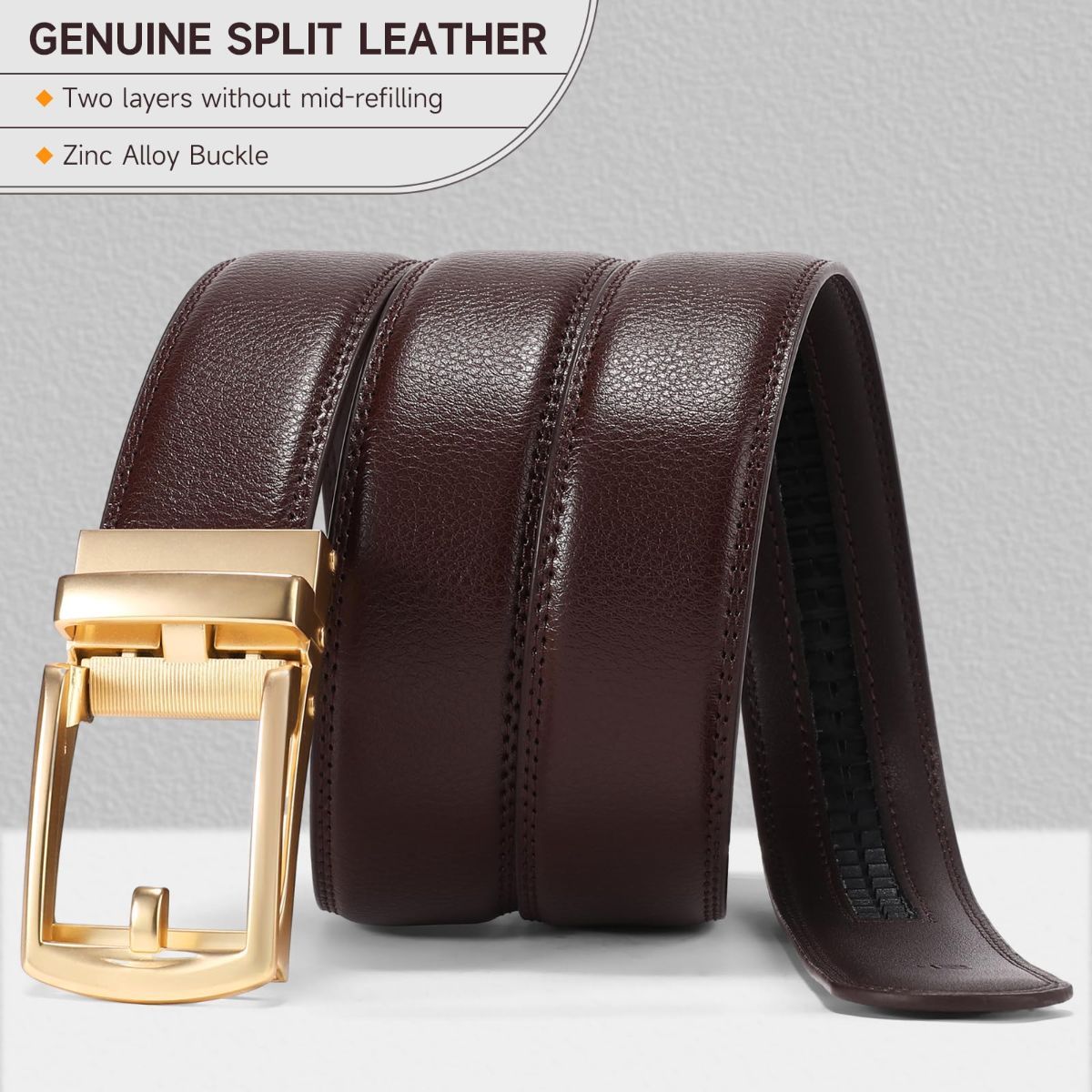 Ratchet Belt for Men Genuine Leather - Micro-Adjust Buckle Trim to Fit Dress Belt Casual to Formal Gift Boxed - Basic Gold - Brown - Size 34"-42" — image 5