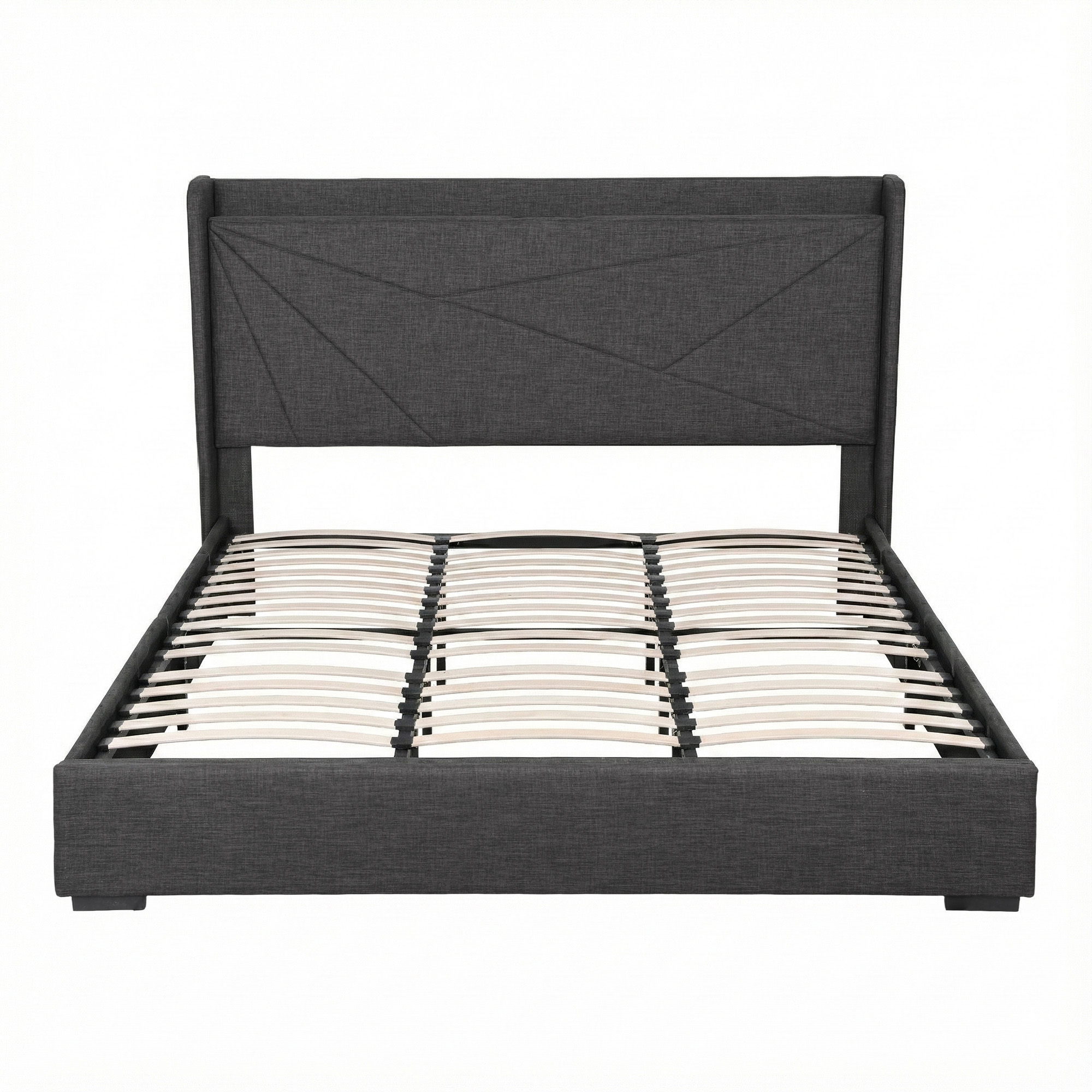 Artiss King Bed Frame Gas Lift Storage Bed with Charging Ports Upholstered Geometric Headboard Charcoal Grey โ image 4
