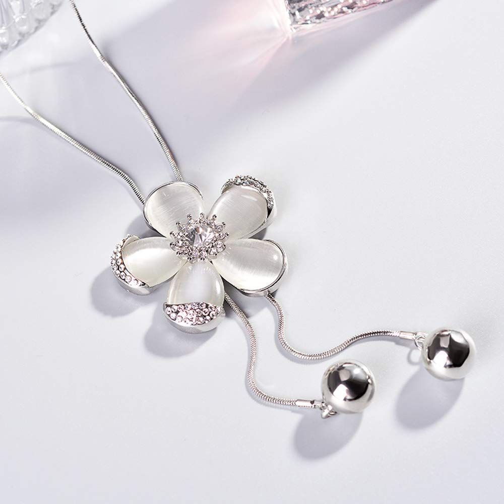 Crystal Flower Pendant Necklace Pretty Pearl Adjustable Long Sweater Necklace Fashion Jewelry for Women โ image 2