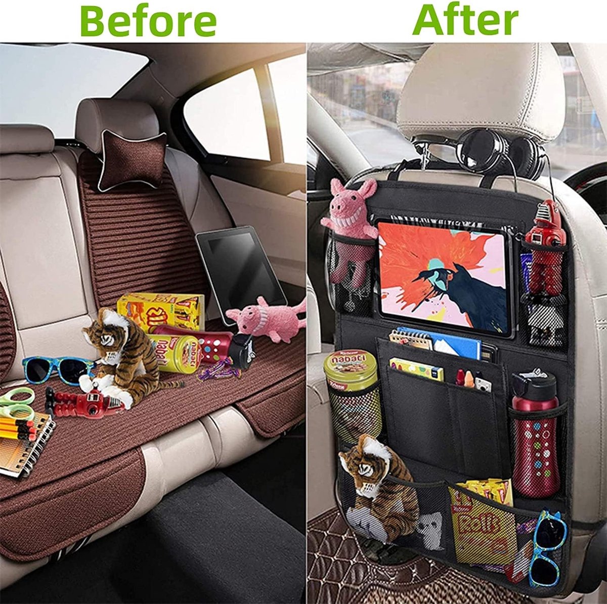 Famanu - Children's Car Organizer, 2 PCS Car Storage Accessories with 24.4 cm iPad Pocket, 10 Pockets for the Car Seat Backrest, Black — image 5