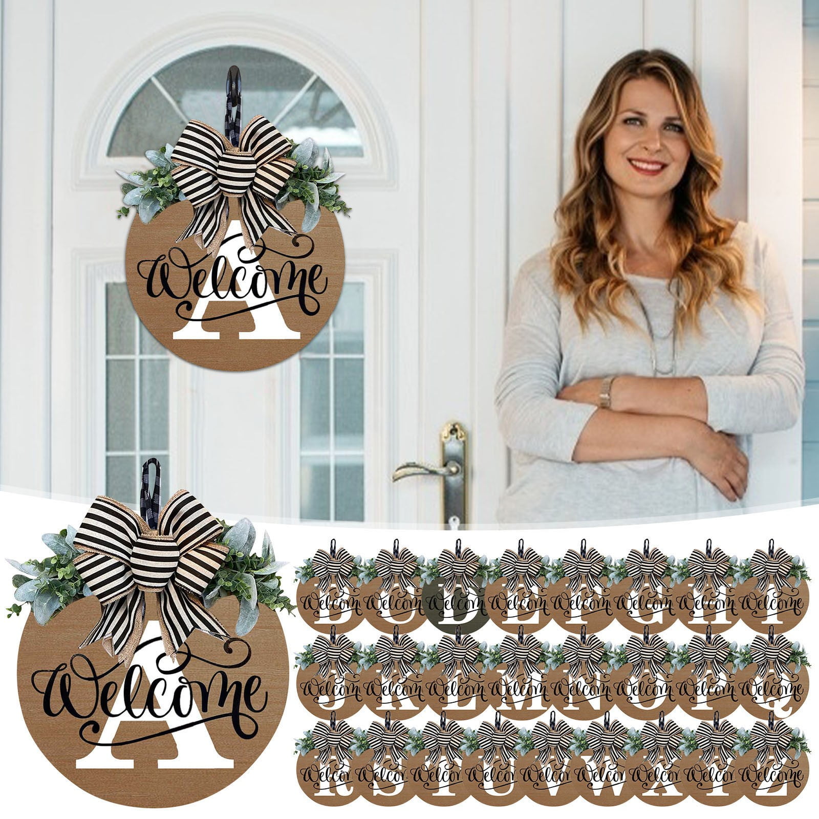Initial Last Name Year Round Front Door Wreath, Welcome Sign Garland with Bow & Eucalyptus, Personalized Creative 26 Letter Farmhouse Wreath for All Seasons G โ image 2