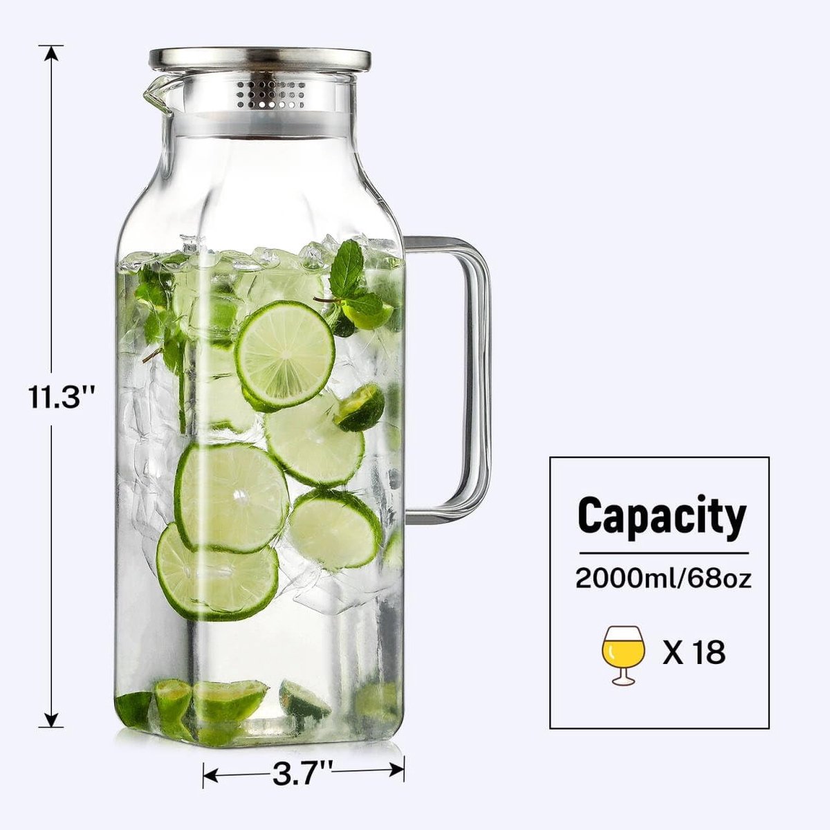 Square glass water jug - with lid and handle - refrigerator safe - suitable for hot and cold drinks - large capacity for home and restaurant use - suitable for — image 5