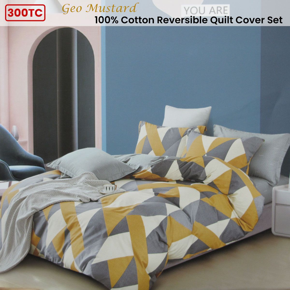 300TC Geo Mustard Reversible Cotton Geometric Quilt Cover Set Queen — image 2
