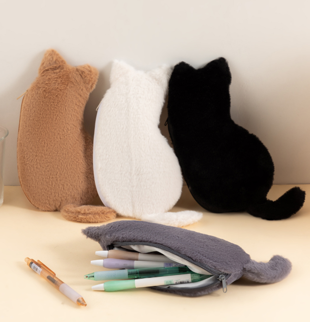 Black 3-Pack Adorable Plush Cat Pencil Case Set - Large Capacity Kawaii Kitty Shape Stationery Pouch for School, Office and Students โ image 3