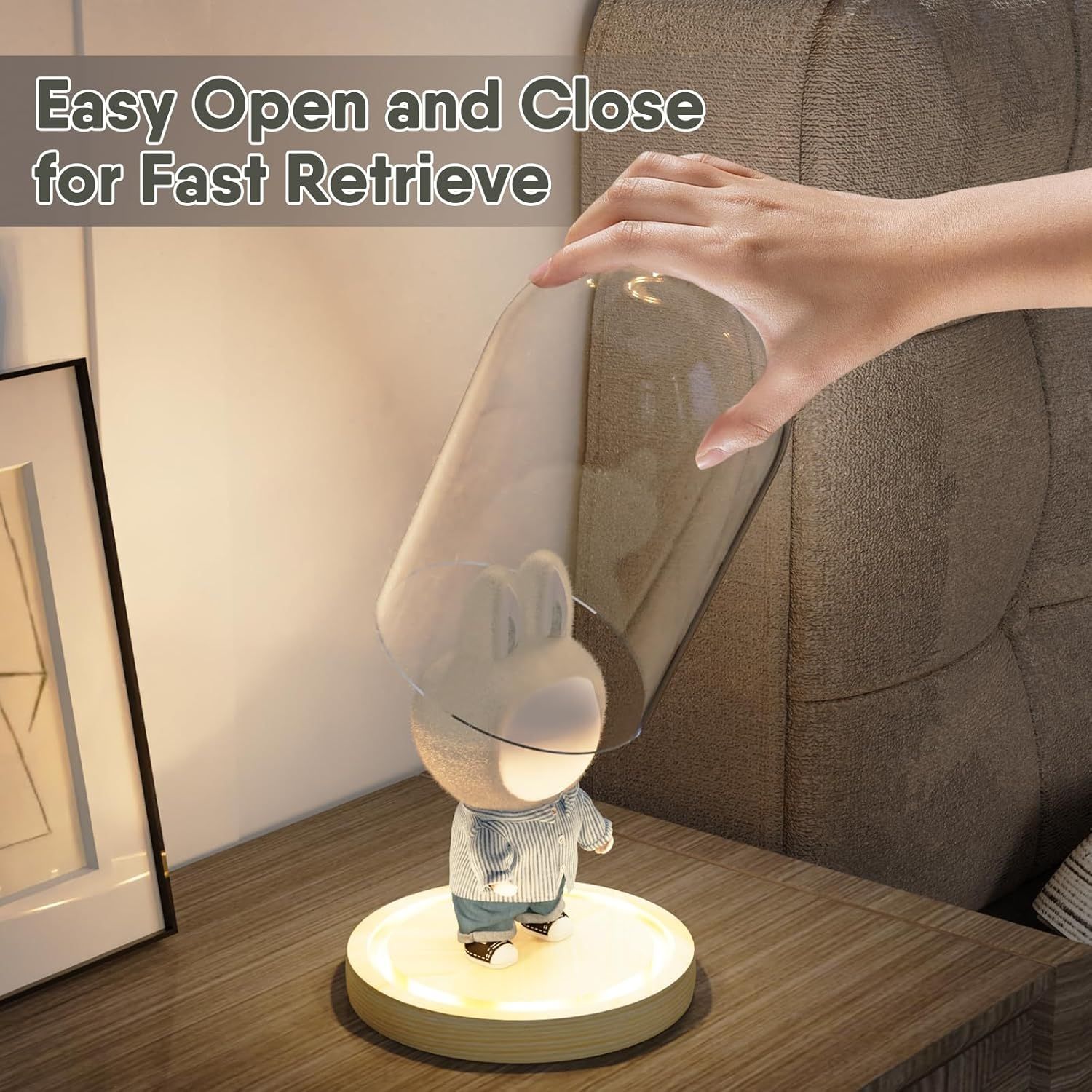 Glass niche dome with wooden LED lamp base, transparent display dome, countertop glass niche display cabinet, small statue, souvenir, plant, ideal — image 4