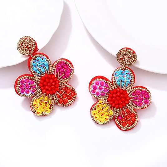 color Beaded Drop Earrings Statement Colorful Beaded Flower Earrings Handmade Bohemia Tropical Beadwork Dangle Earrings For Woman — image 4