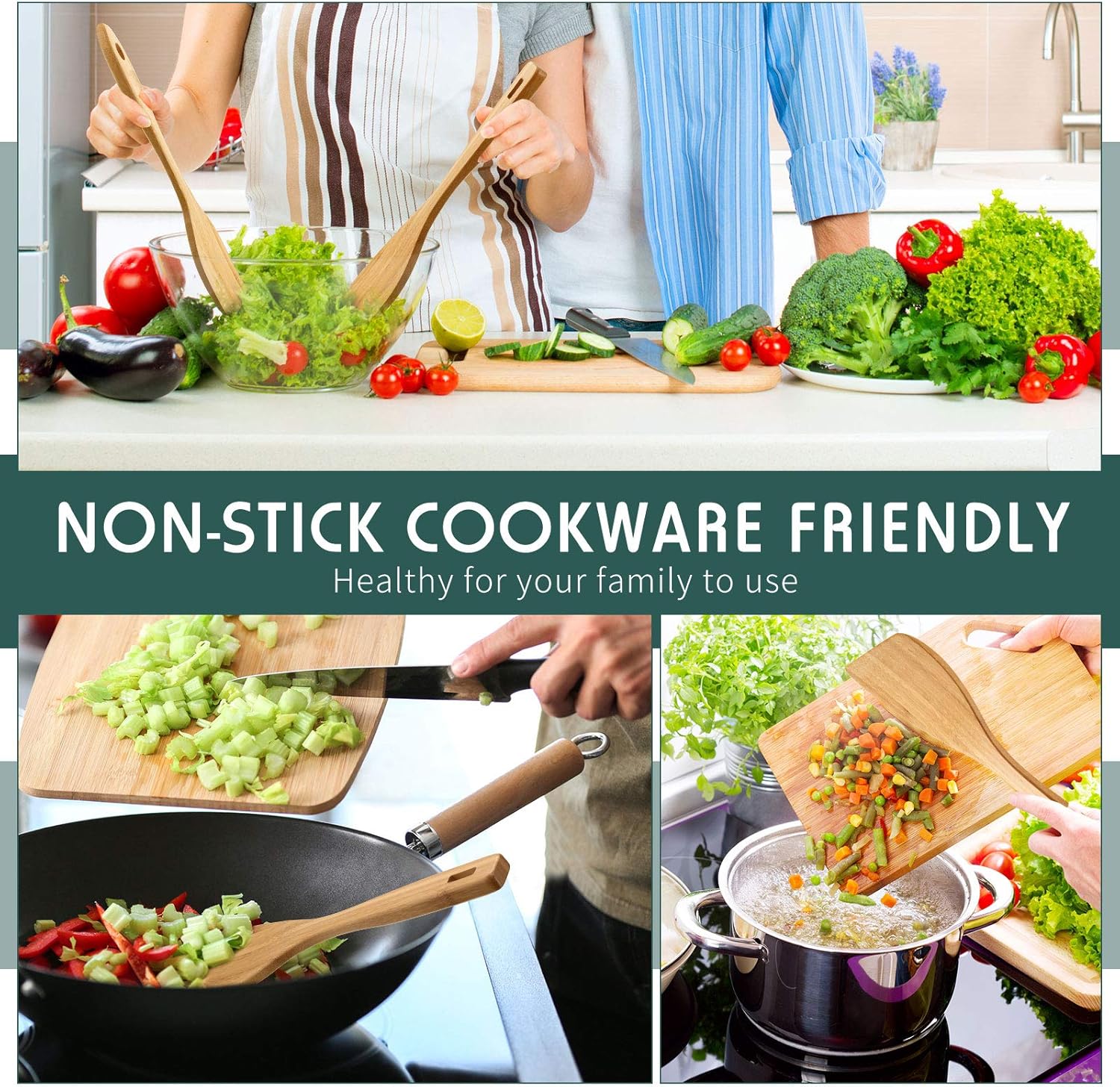 3 Pieces Bamboo Cooking Spatula and Paddle Set Bamboo Turner Wok Spatula Spoon Heat Resistant Kitchen Utensil for Nonstick Cookware, 3 Styles โ image 6