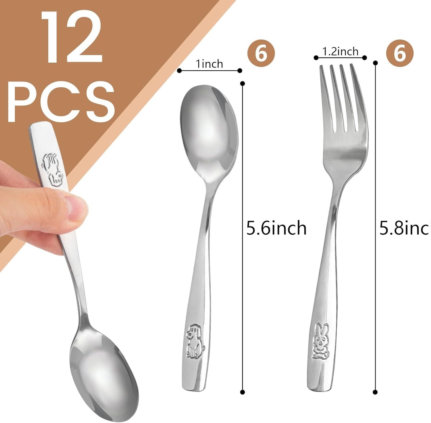 12PCS Toddler Utensils, Stainless Steel Kids Silverware, Safe Toddler Forks and Spoons, Mirror Polished, Dishwasher Safe, with Bunny & Puppy Motifs, Fun โ image 2