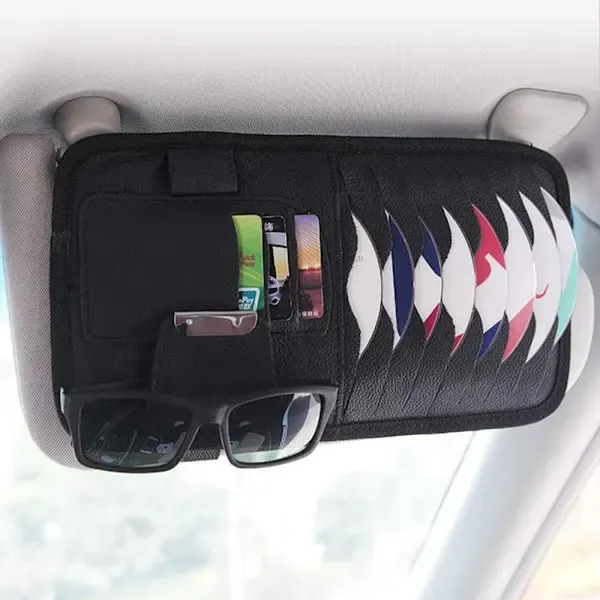 Car Sun Visor Organiser, CD/DVD Holder Storage Bag with Wallet Clip and Glasses Holder for Cards Documents and Small Items โ image 2