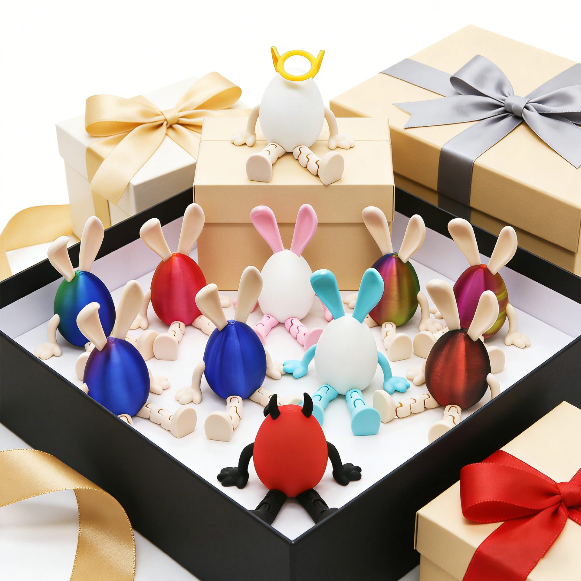 3-Piece Blue rabbit-ear white egg Easter Figurine Set – Identical Poseable Egg-Shaped Toys for Holiday Display and Interactive Play — image 4