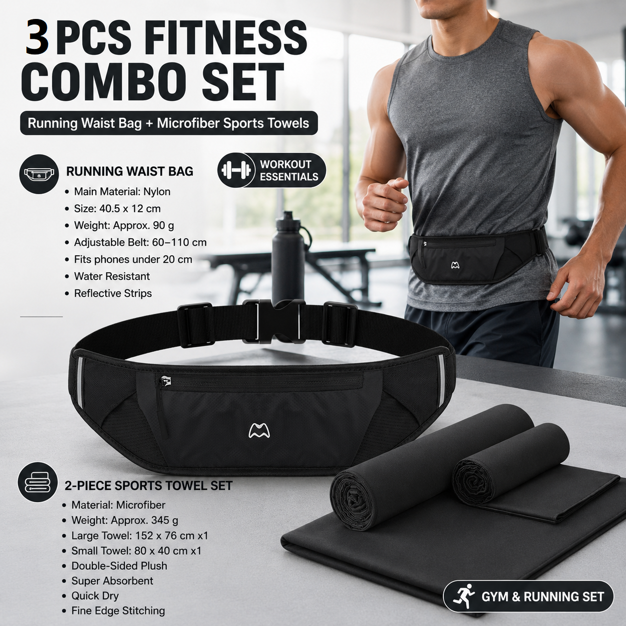Dry and Breathable Sports combination-Black Running Waist Belt and Black 152*76cm and 80*40cm Microfiber Sports Towel Set - Waterproof Nylon Belt with