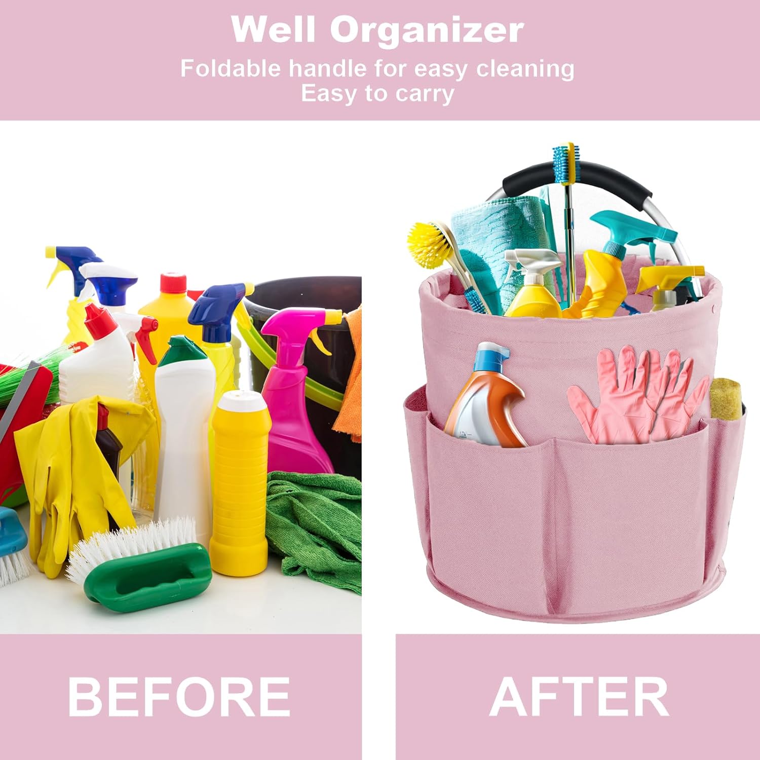 Pink Foldable Cleaning Caddy with 6 Outer Pockets: 17L Collapsible Storage Basket for Household, Bathroom, Picnic & Beach โ Durable Oxford Cloth Organizer โ image 2