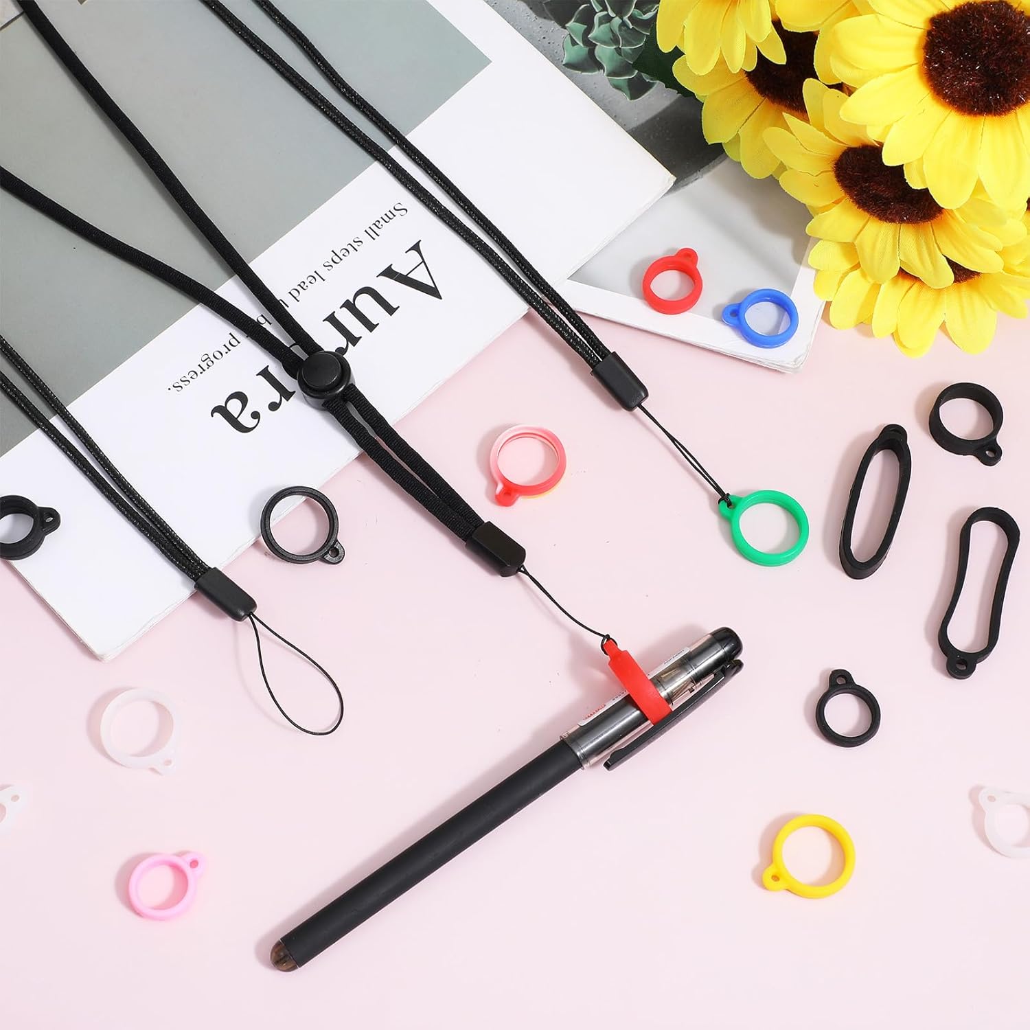 34Pcs Anti-Lost Lanyard Set Include 9 Style Black Silicone Rubber Rings-3Pcs Adjustable Lanyards,4 Style Colorful Rubber Rings,Soft Pen Protective Holder for — image 6