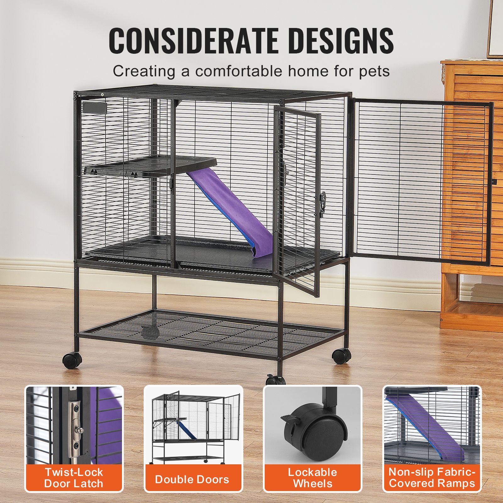 39" Metal Small Animal Cage 2-Tier Rolling Ferret Cage with Tray A Ramp — image 6
