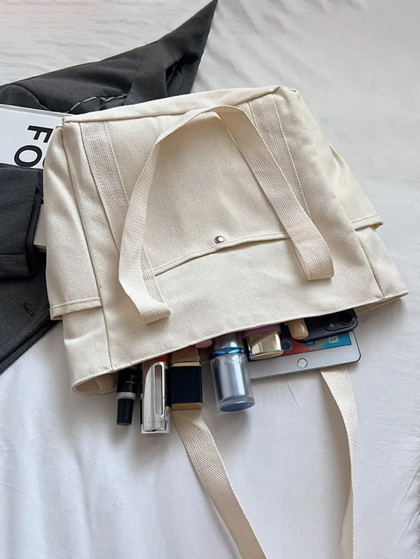 1Pcs Multi-Pocket Canvas Tote Bag – Large Capacity, Reusable, for Daily Use, Travel, Beach Bag, Office Tote Beige — image 4