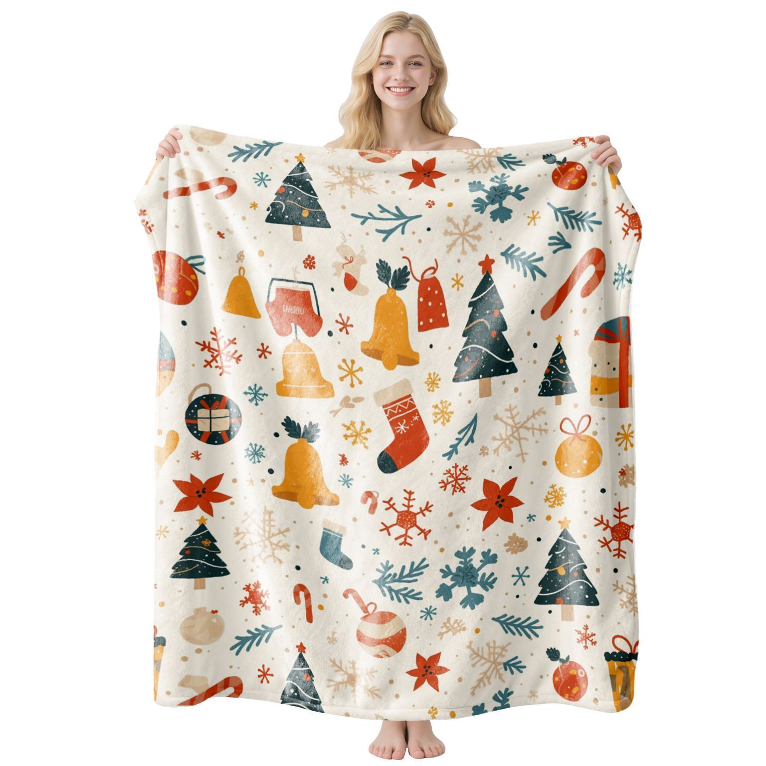 Ornament‑focused Festive Flannel Throw Blanket, Soft Nap Cover, Perfect Gift For Christmas & Halloween Living Room & Bedroom Layout, Style FLR‑214, Size L, 130