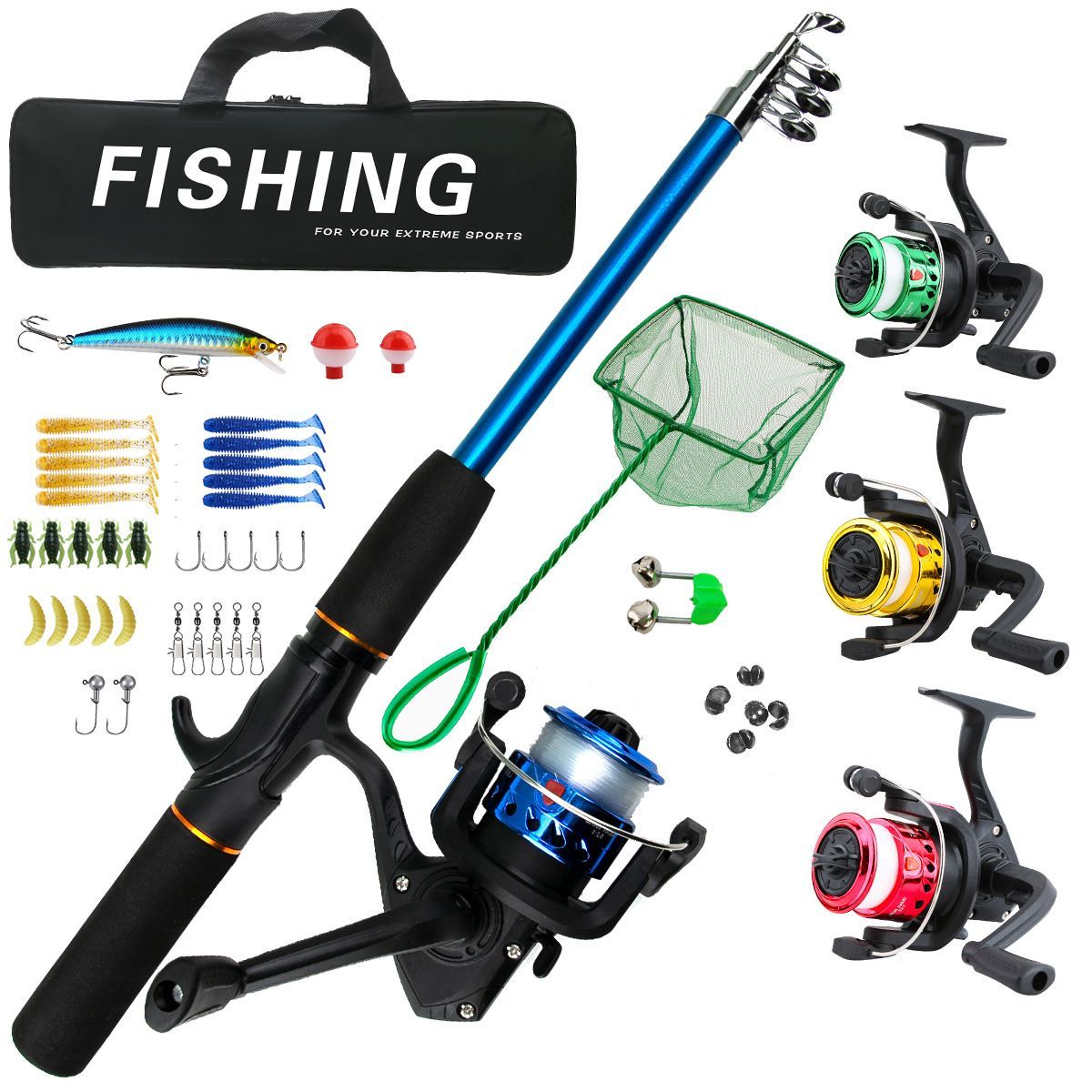 Beginner Fishing Set Fishing Tackles Including Reel Telescopic Rod Float Baits Hook Connector Landing Net & Storage Bag Rod - Green Set 3 - Size 1 โ image 4