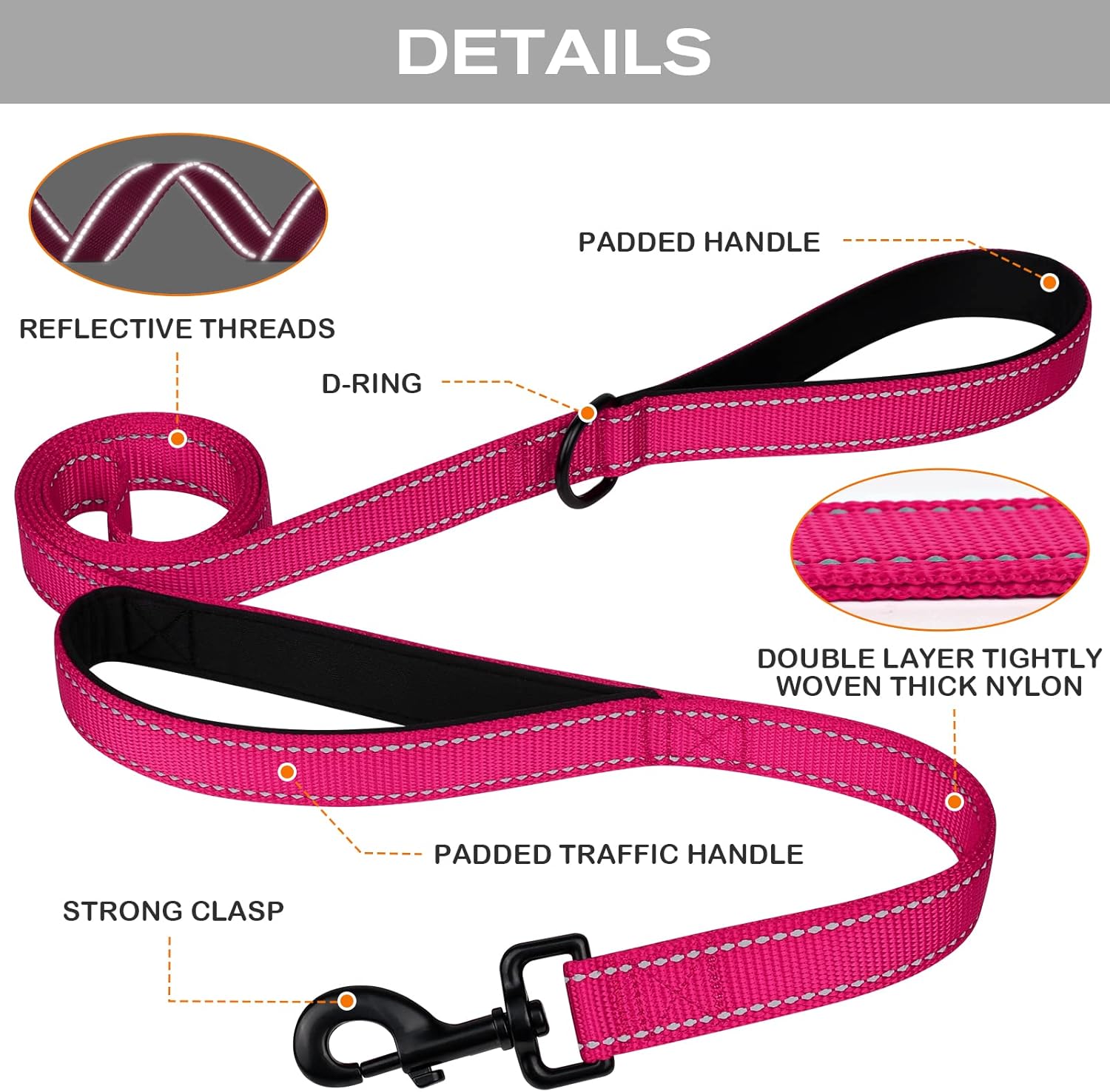Martingale Dog Collar(16-20"), 6FT Double Handle Leash for Training, Hotpink — image 5