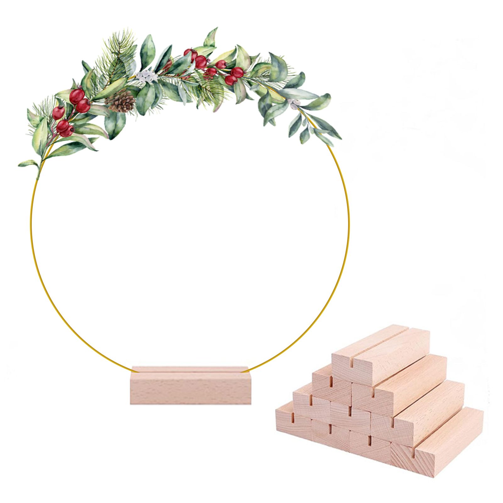 12in Metal Wreath Frame Floral Hoop Centerpiece with Wooden Stand DIY Wedding Floral Decoration Props — image 3
