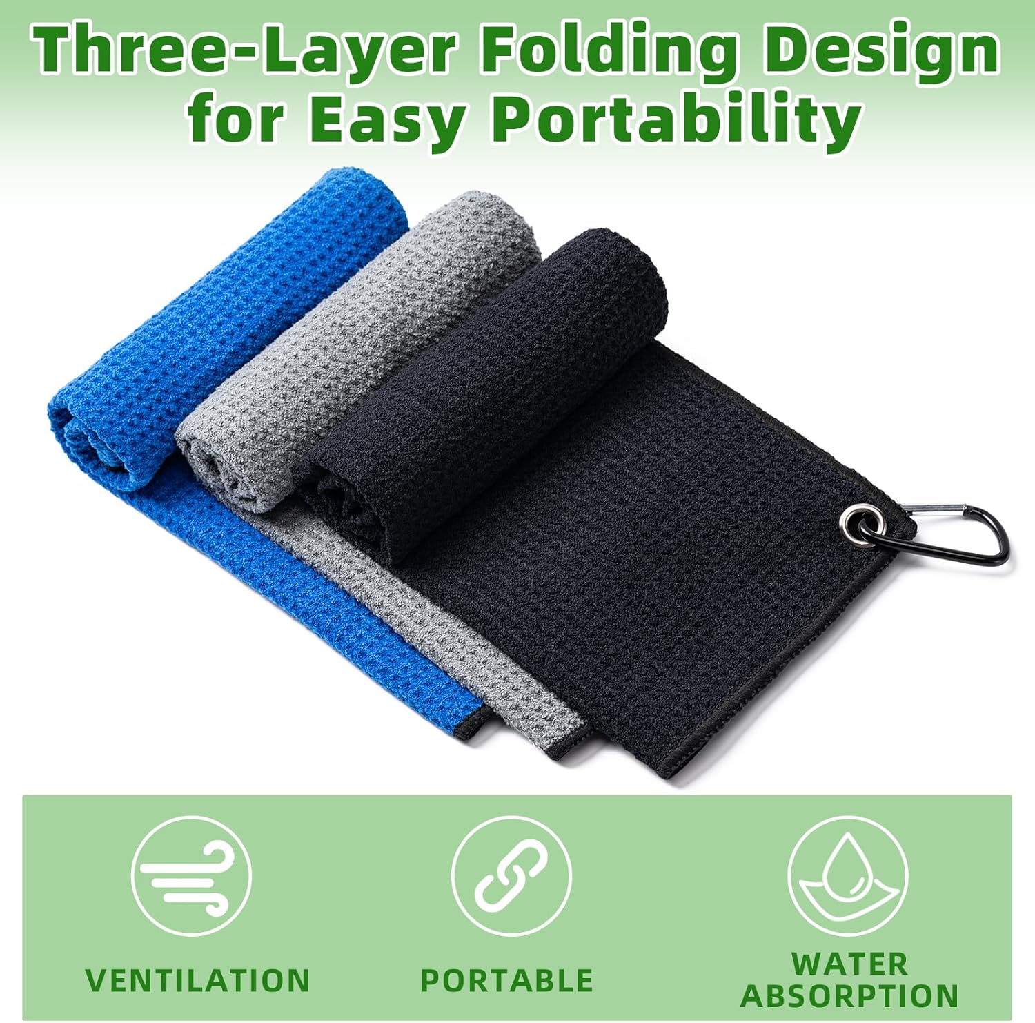 3 Pack Golf Towels(16" X 16") with Carabiner Clip,Microfiber Fabric Waffle Pattern Towels for Golf Bags,Tri-Fold Portable Towels for Men Women,Blue/Black/Gray โ image 5