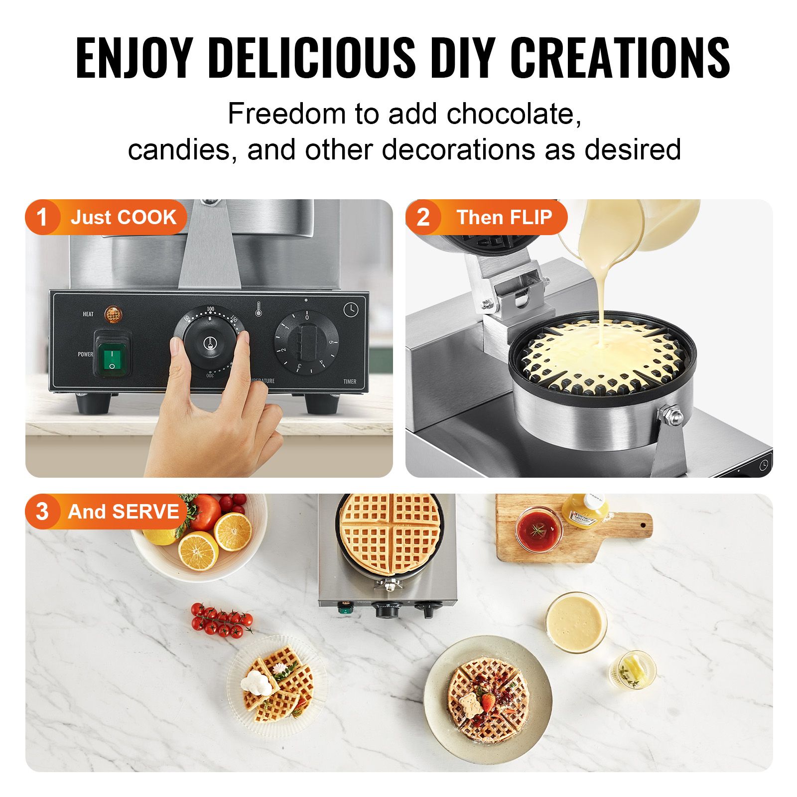 Commercial Waffle Maker, 1230W Round Waffle Baker Machine, Non-Stick Stainless Steel Belgian Waffle Iron with Temperature and Time Control, Handle — image 6