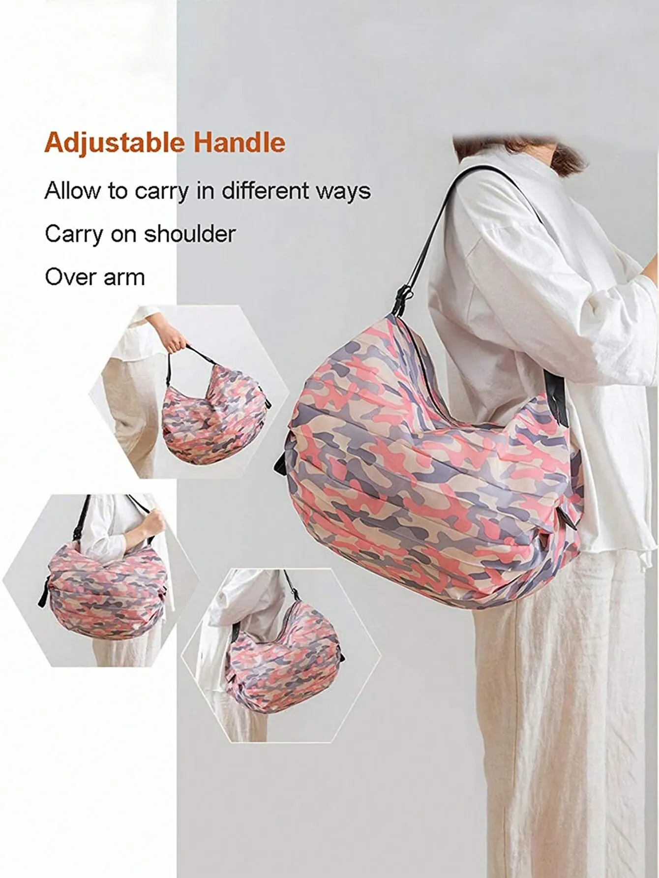 1PC Reusable Foldable Shopping Bag – Pink Waterproof Oxford Cloth Material, Travel Beach Tote, Supermarket Grocery Carry Bag, Compact and Durable — image 2